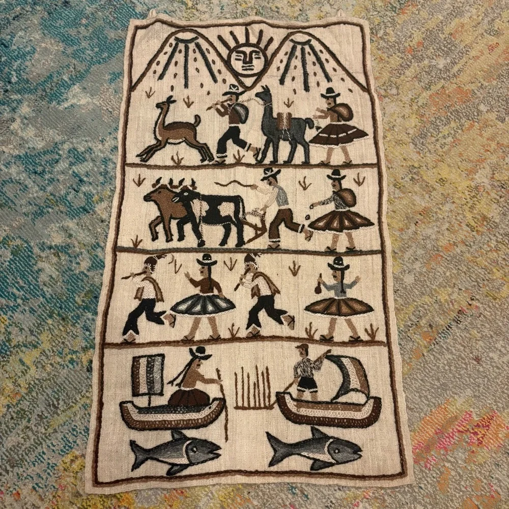 Vintage Folk Art Embroidery Peruvian Wall Hanging Made in Peru Artisan Handmade